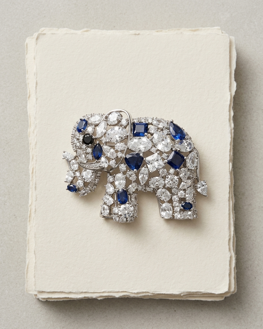 Jeweled elephant brooch with blue and clear stones on a textured white surface