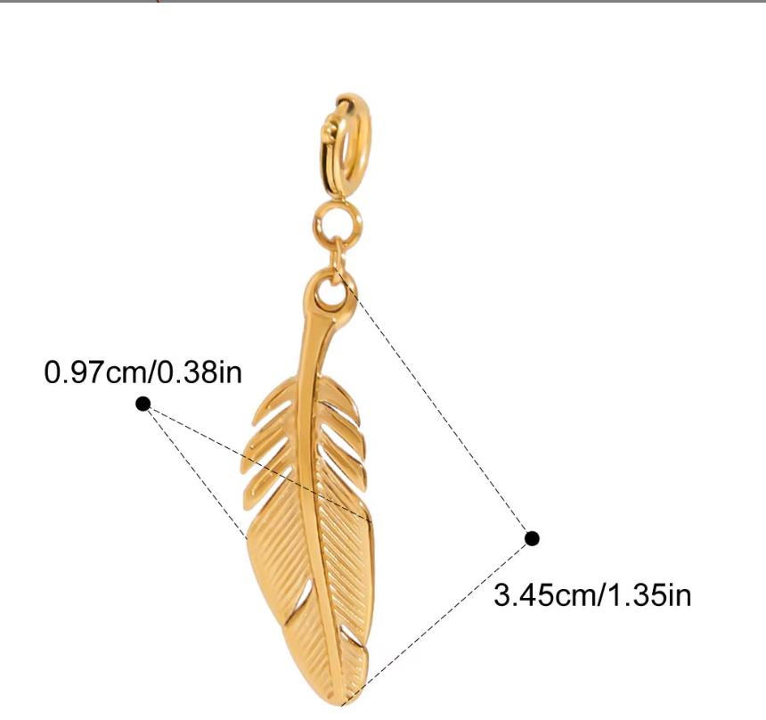 Gold feather pendant with measurements on a white background