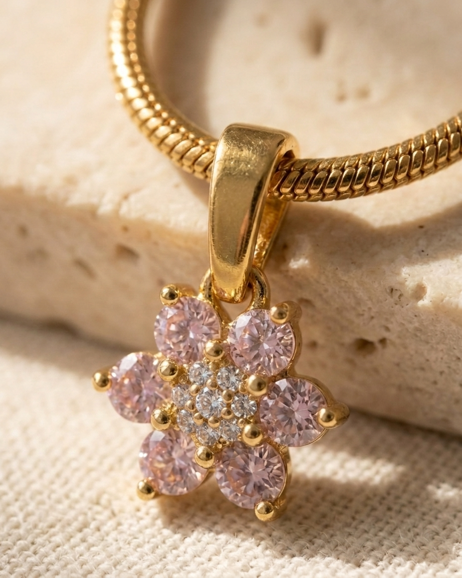 Gold necklace with a pink floral pendant on a textured beige surface