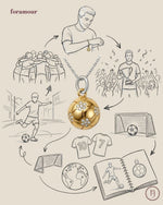 Gold soccer ball pendant with illustrations of a soccer player, team, and related activities on a beige background.