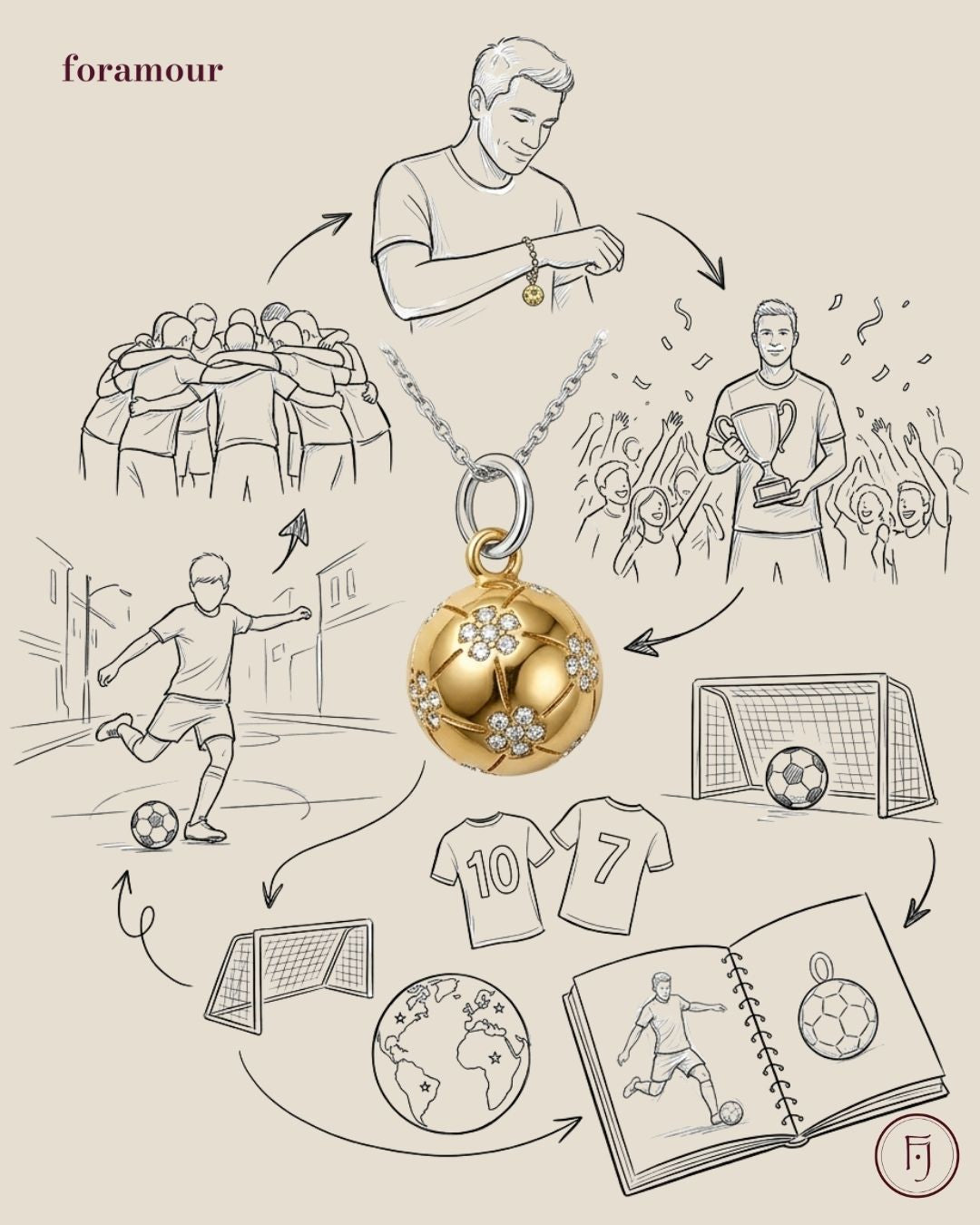 Gold soccer ball pendant with illustrations of a soccer player, team, and related activities on a beige background.