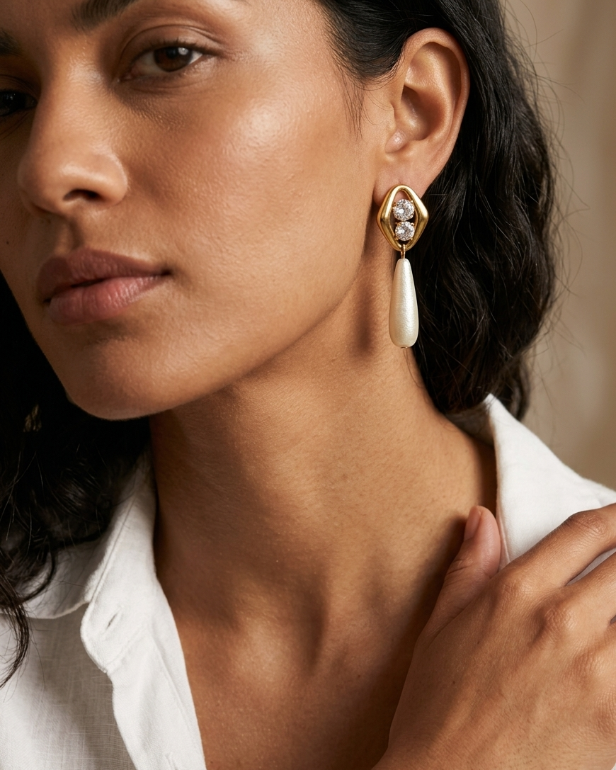 Close-up of a woman wearing elegant earrings with a neutral background