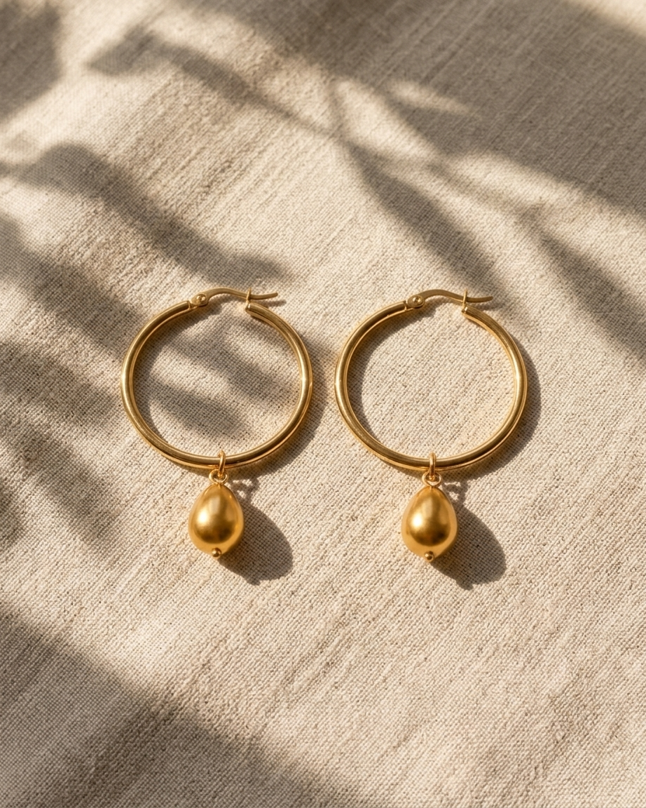 Gold hoop earrings with teardrop pendants on a textured beige surface