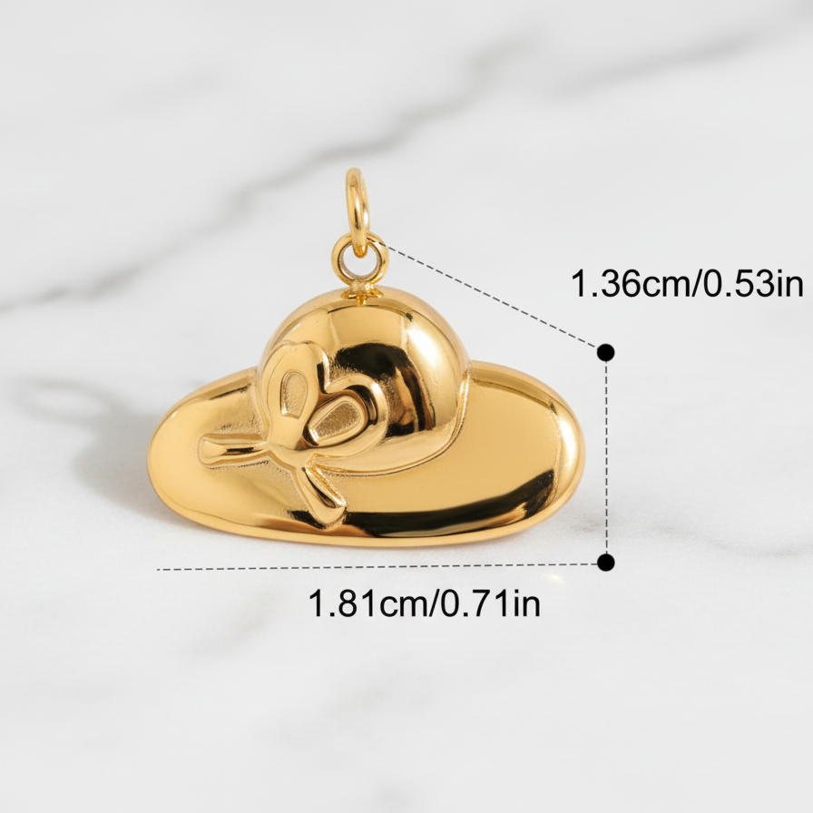 Gold hat pendant with measurements on a white background