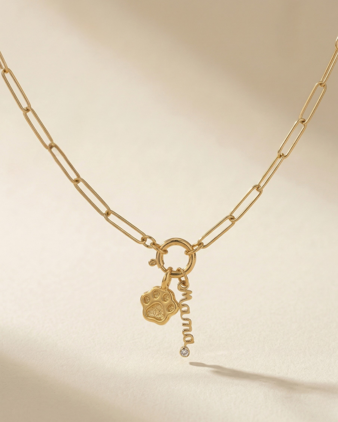Gold necklace with a paw charm and 'mommy' pendant on a beige background