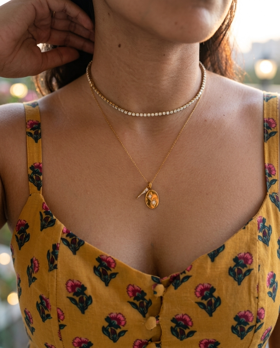 Tennis choker and charm necklace