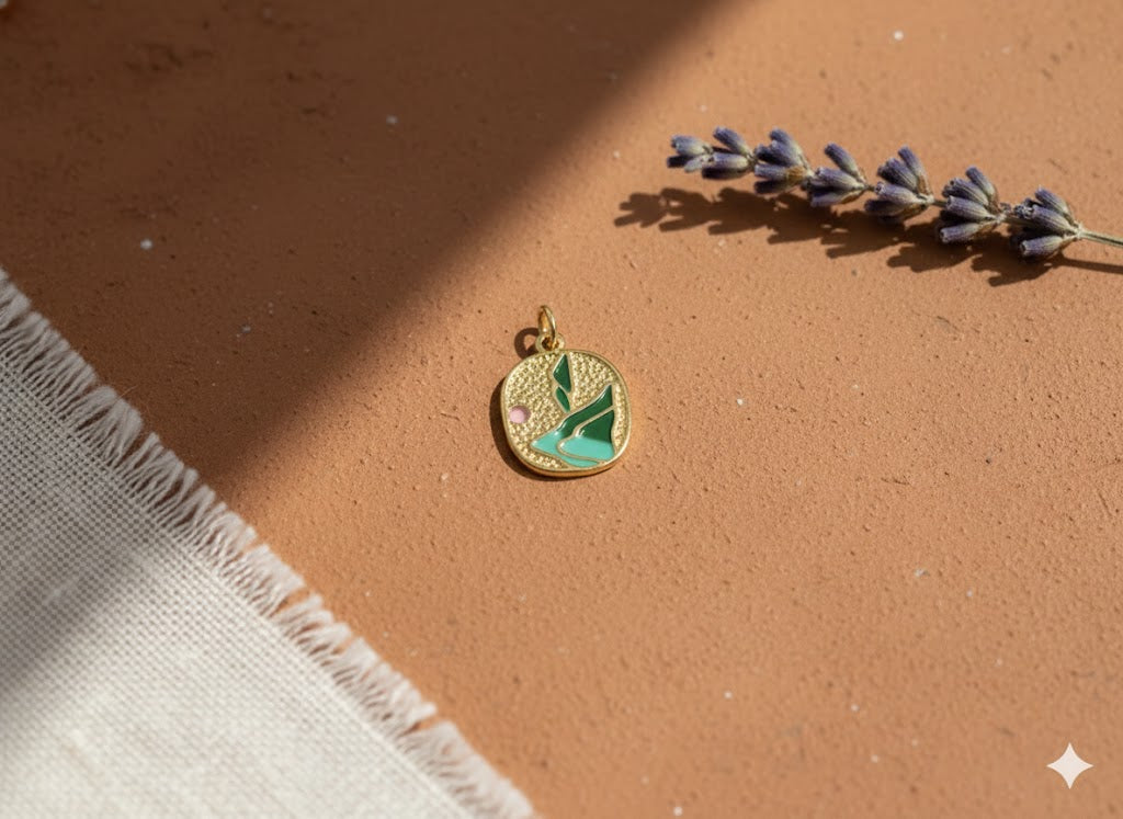 Gold pendant with green leaf design on a brown surface with lavender
