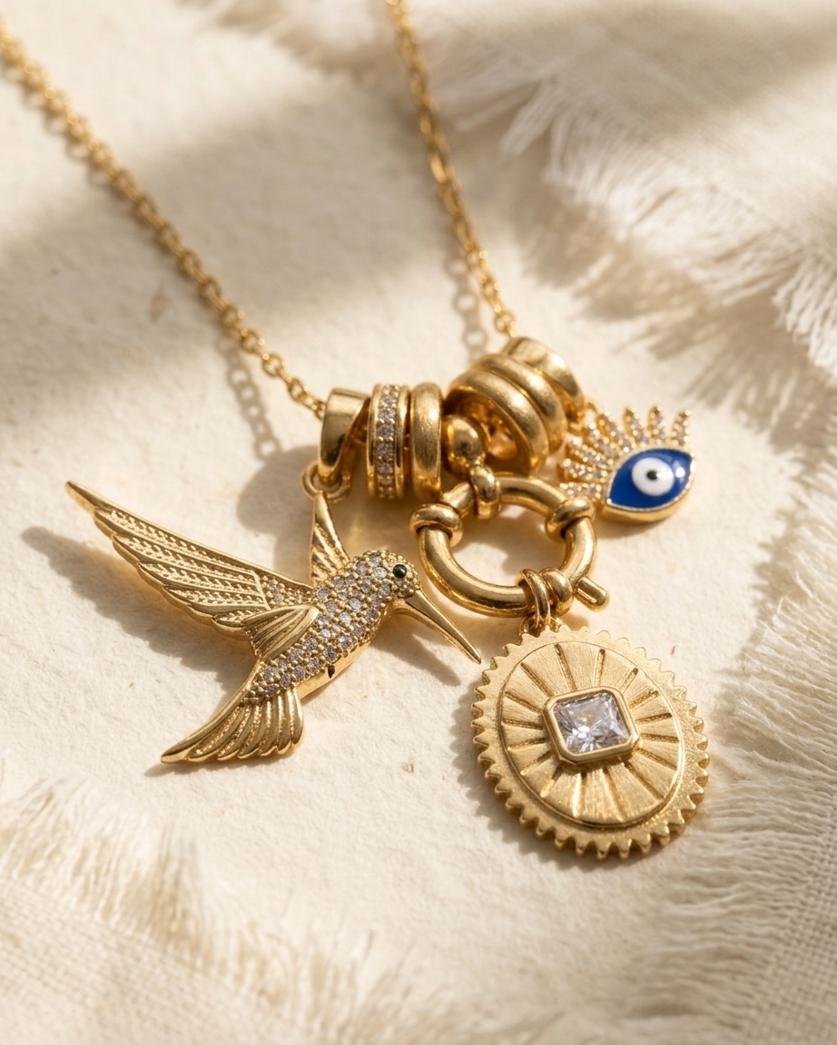 Gold necklace with various charms on a textured beige surface