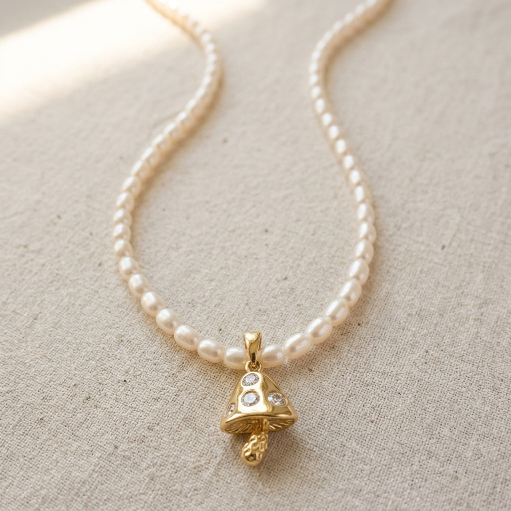 Pearl necklace with a gold pendant on a beige fabric background