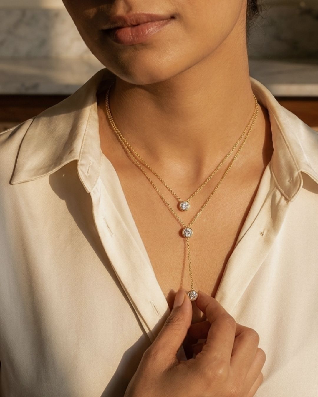 Close-up of a person wearing a delicate gold necklace with small round pendants.