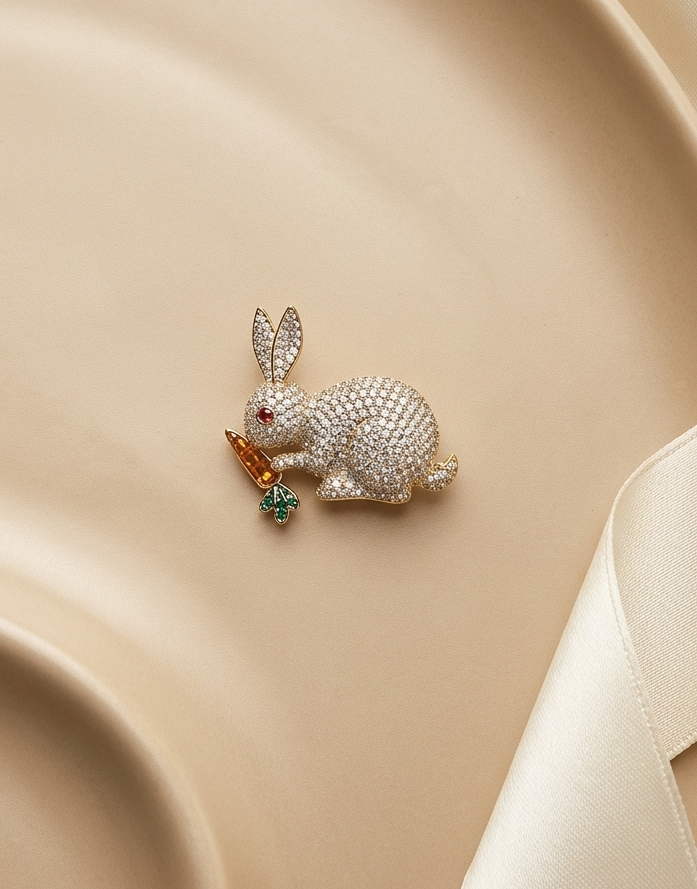 Dazzling rabbit-shaped brooch with gemstones on a beige fabric background