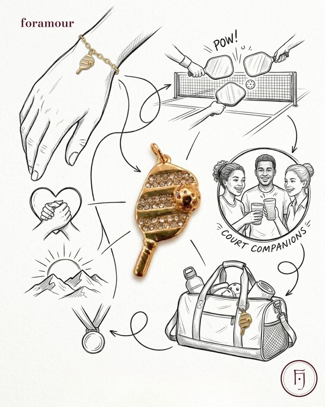 Illustration of a gold charm resembling a pickleball paddle, with lifestyle images and product details.