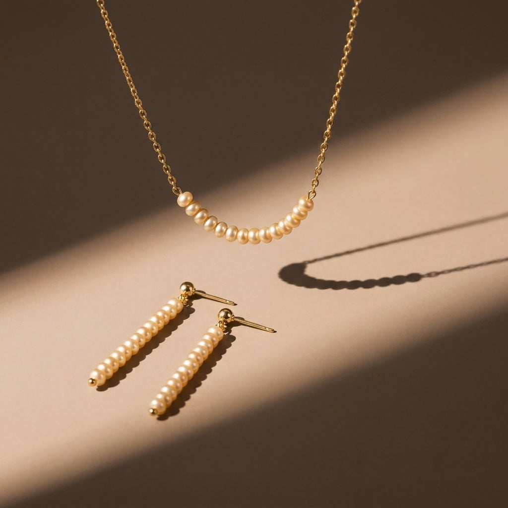 Pearl necklace and earrings on a beige surface with soft shadows