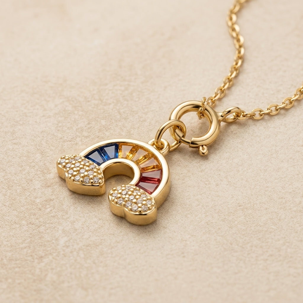 Gold necklace with a colorful pendant on a beige background