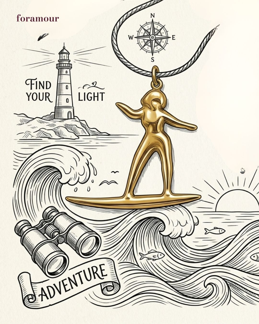 Gold pendant of a woman on a surfboard with lighthouse, compass, binoculars, and 'Find Your Light' text.