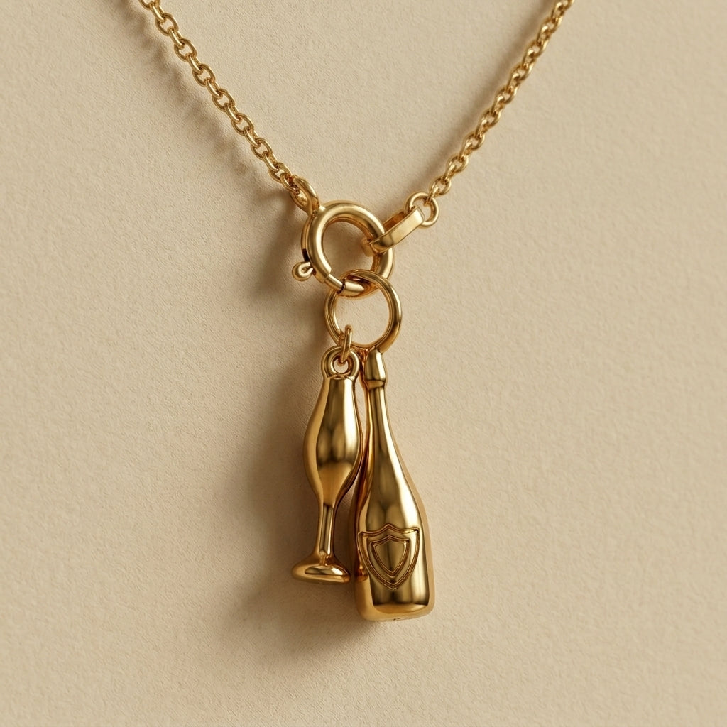 Gold necklace with two champagne bottle charms on a beige background