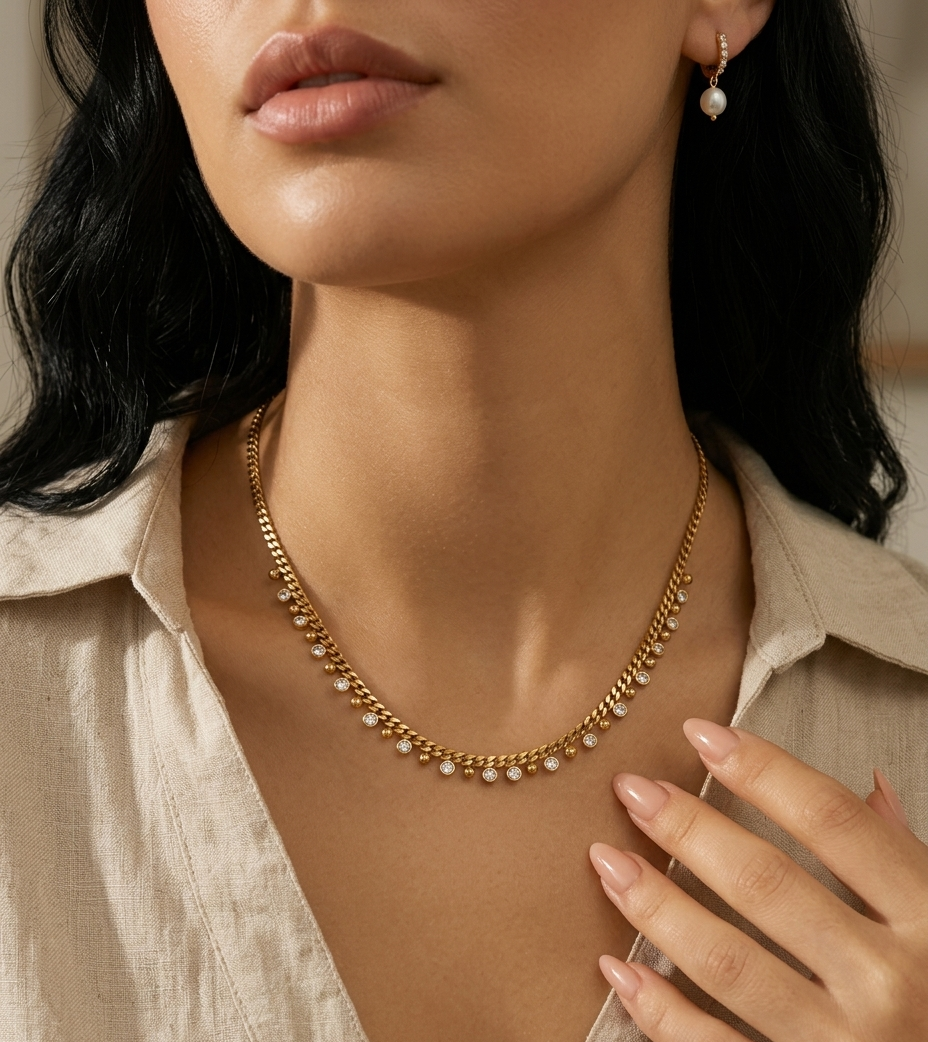 Close-up of a person wearing a gold necklace with a neutral background