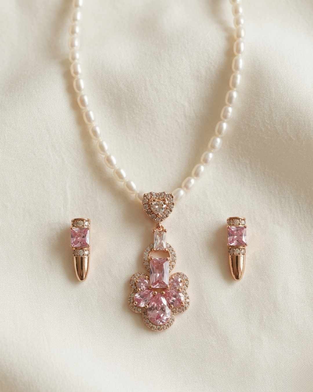 Pearl necklace with pink gemstone pendant and matching earrings on a light background