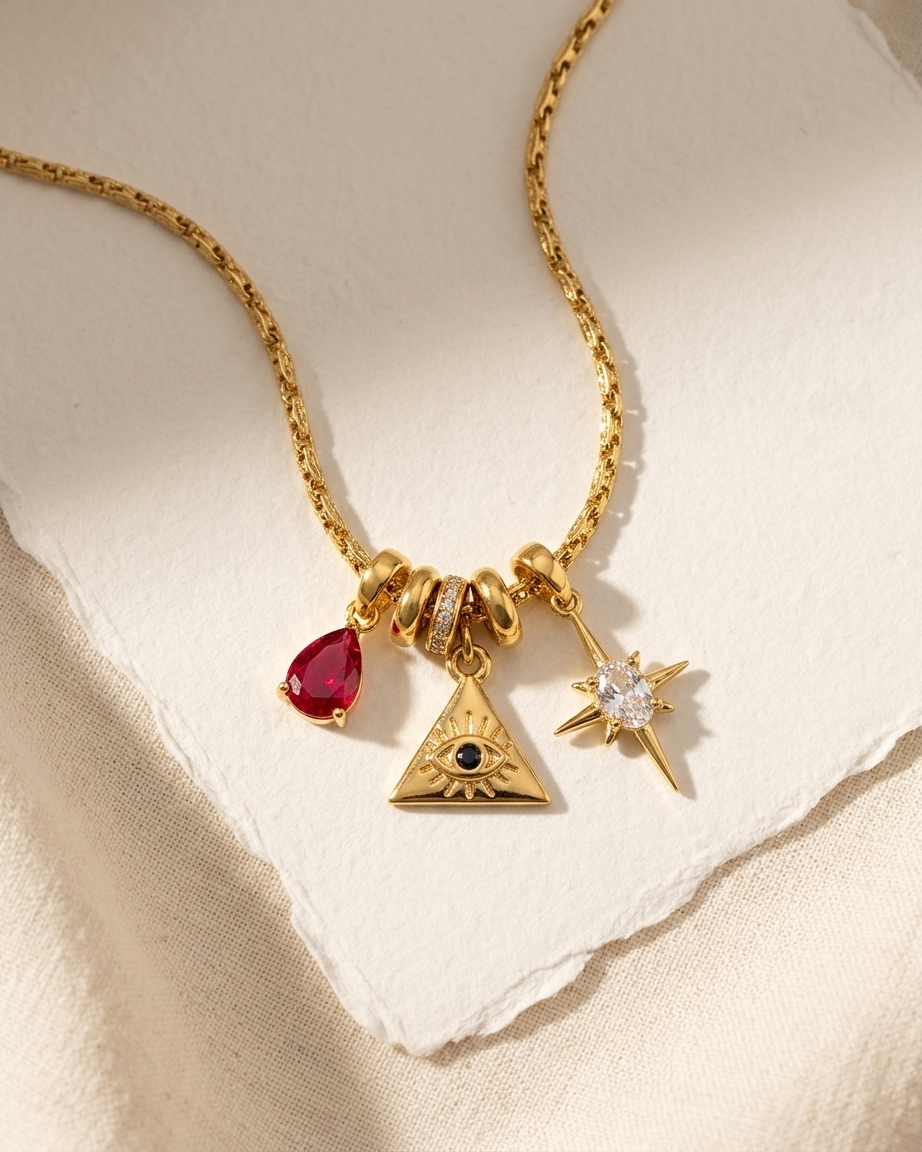 Gold necklace with various charms on a textured beige surface