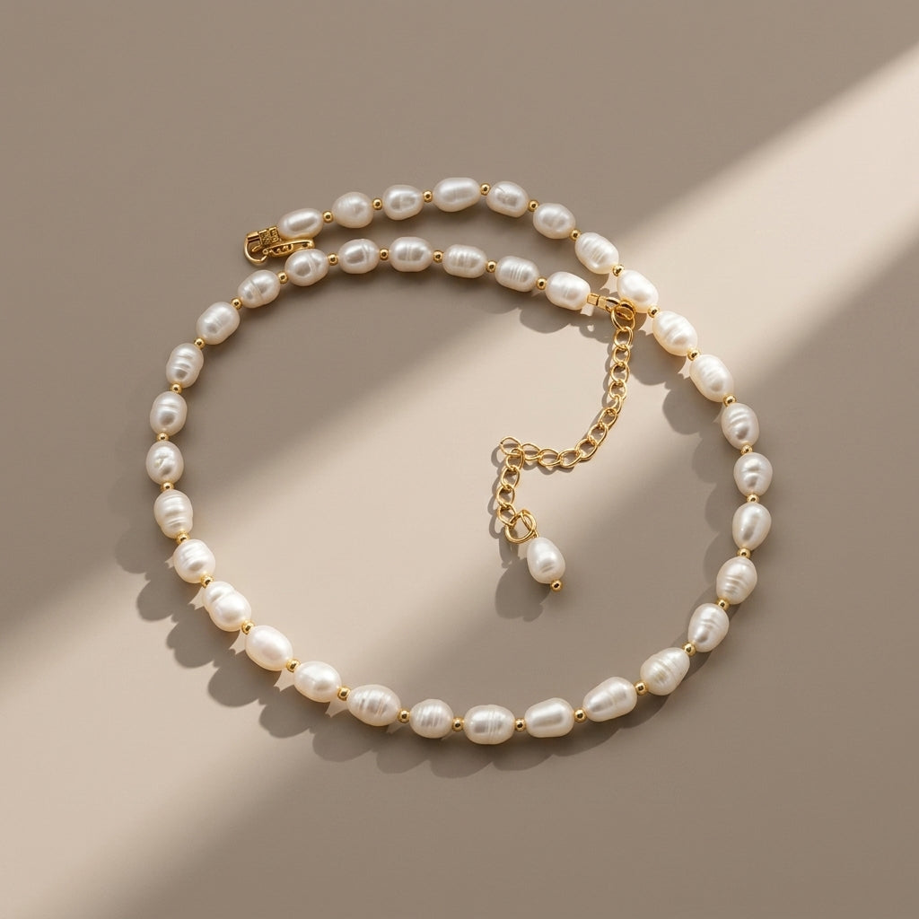 Pearl necklace with gold chain on a beige background