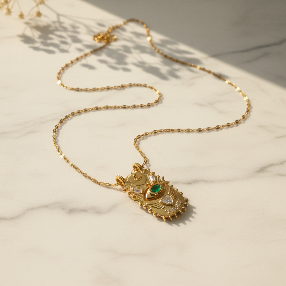 Gold necklace with an eye-shaped pendant on a marble surface