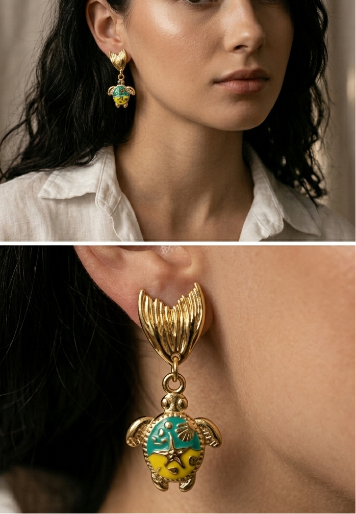 Woman wearing a gold turtle-shaped earring with green and yellow details, close-up on ear.
