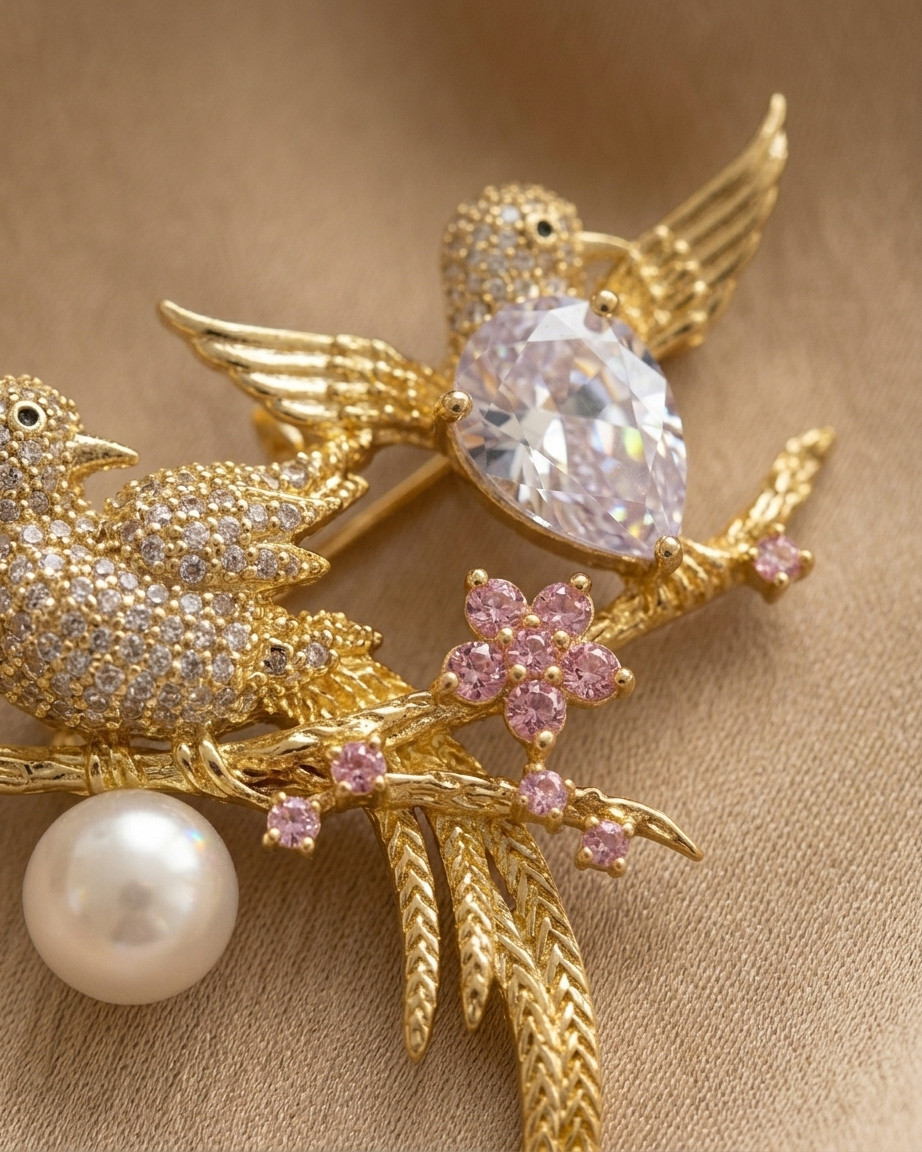 Gold bird brooch with gemstones on a beige background
