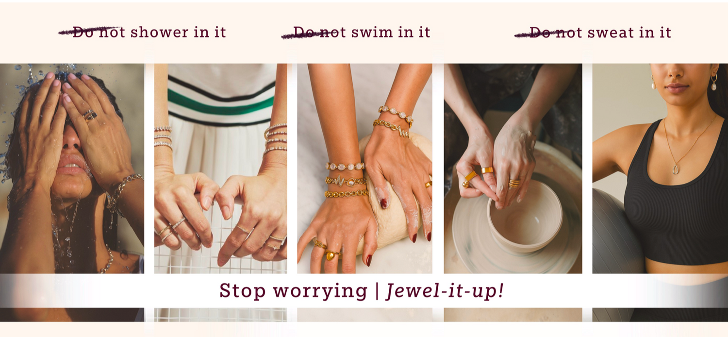 Collage of people wearing bracelets with text about not showering, swimming, or sweating in them, featuring the brand 'Jewel-it-up'.