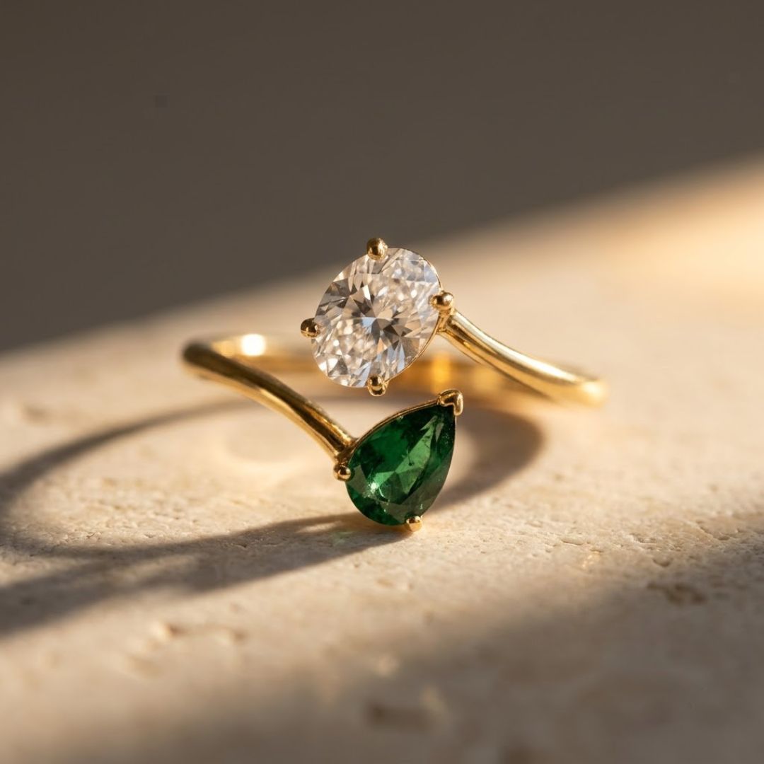 Toi et Moi Ring, Emerald & White Stone