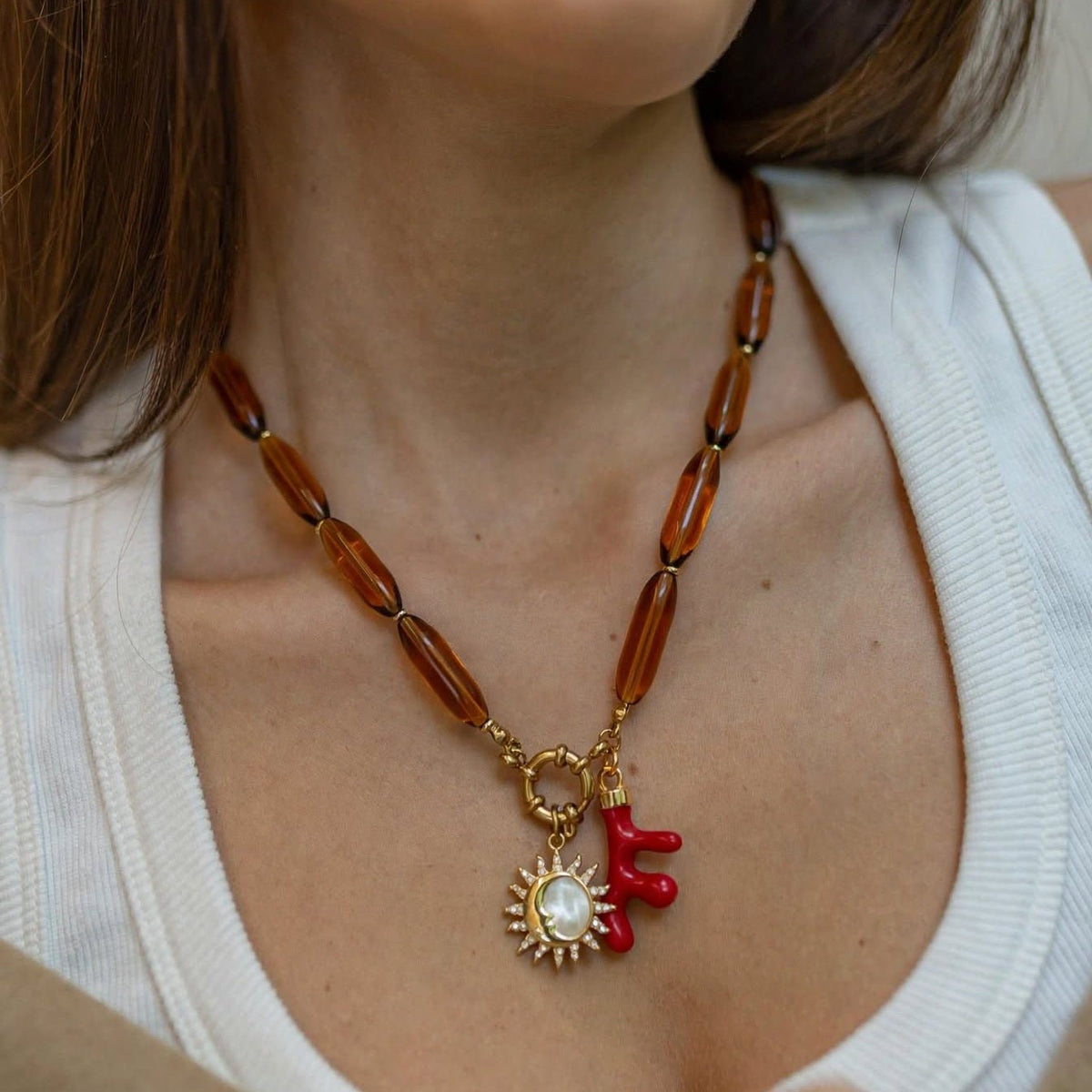 Amber & Sun Coral Charm Necklace - Foramour Jewels - Gold PVD designer jewellery & charms