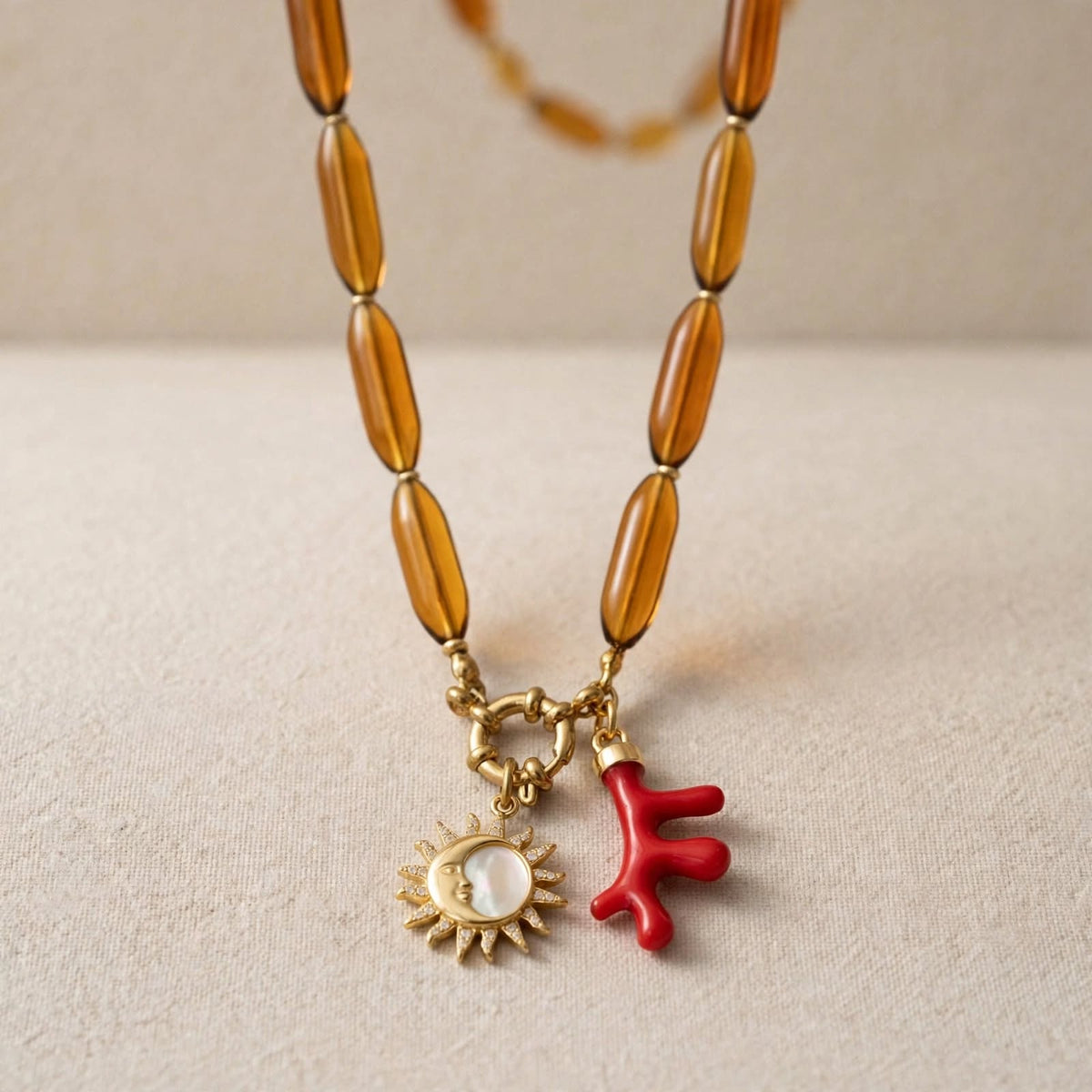 Amber & Sun Coral Charm Necklace - Foramour Jewels - Gold PVD designer jewellery & charms