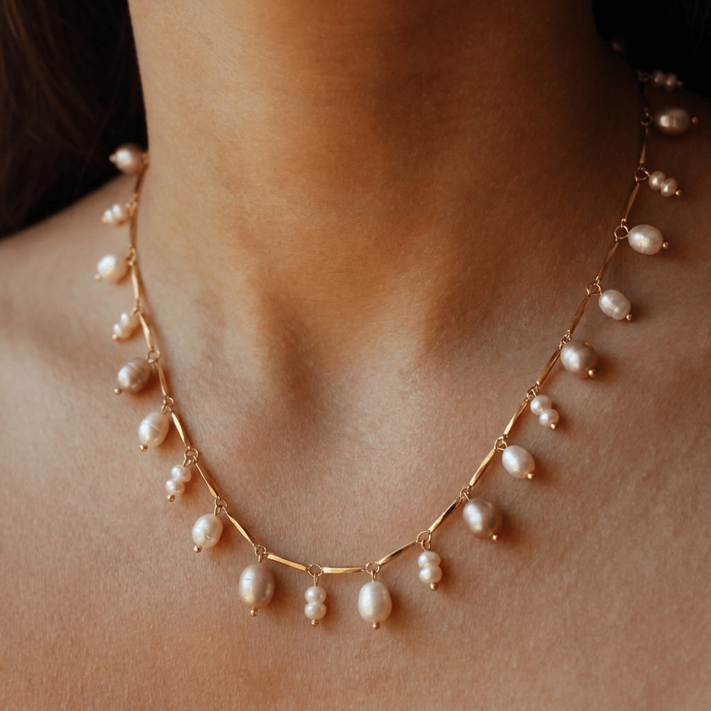 Asymmetric Pearl Chain Necklace - Foramour Jewels - 18K Gold Plated - Sweat, water proof