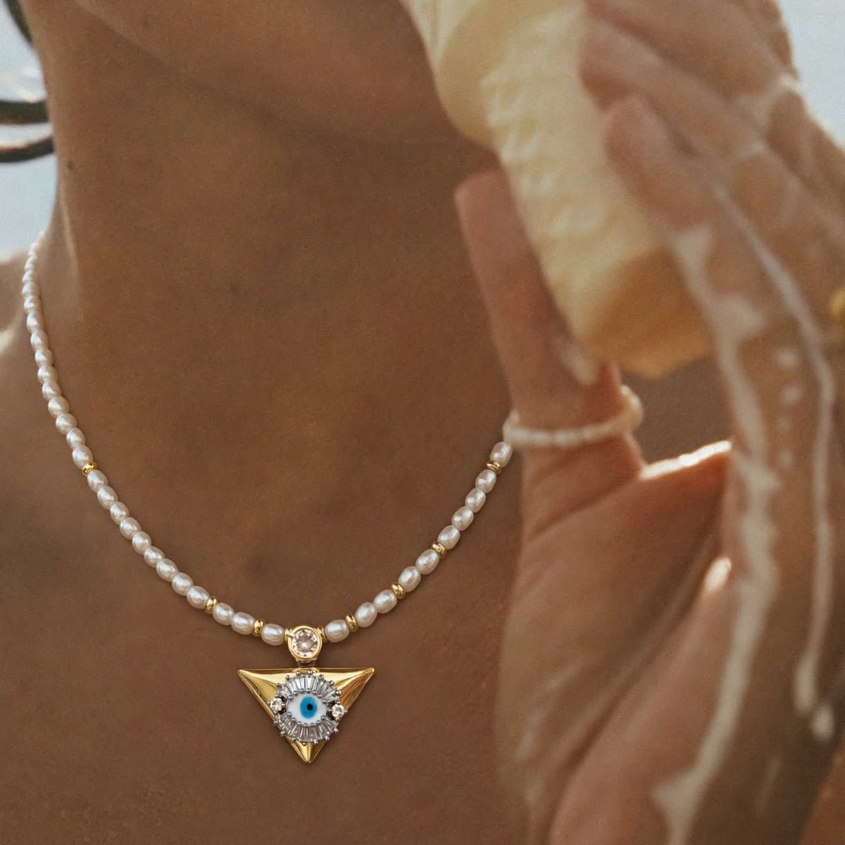 Baguette Evil Eye Seed Pearl Necklace - Foramour Jewels - Gold PVD designer jewellery & charms
