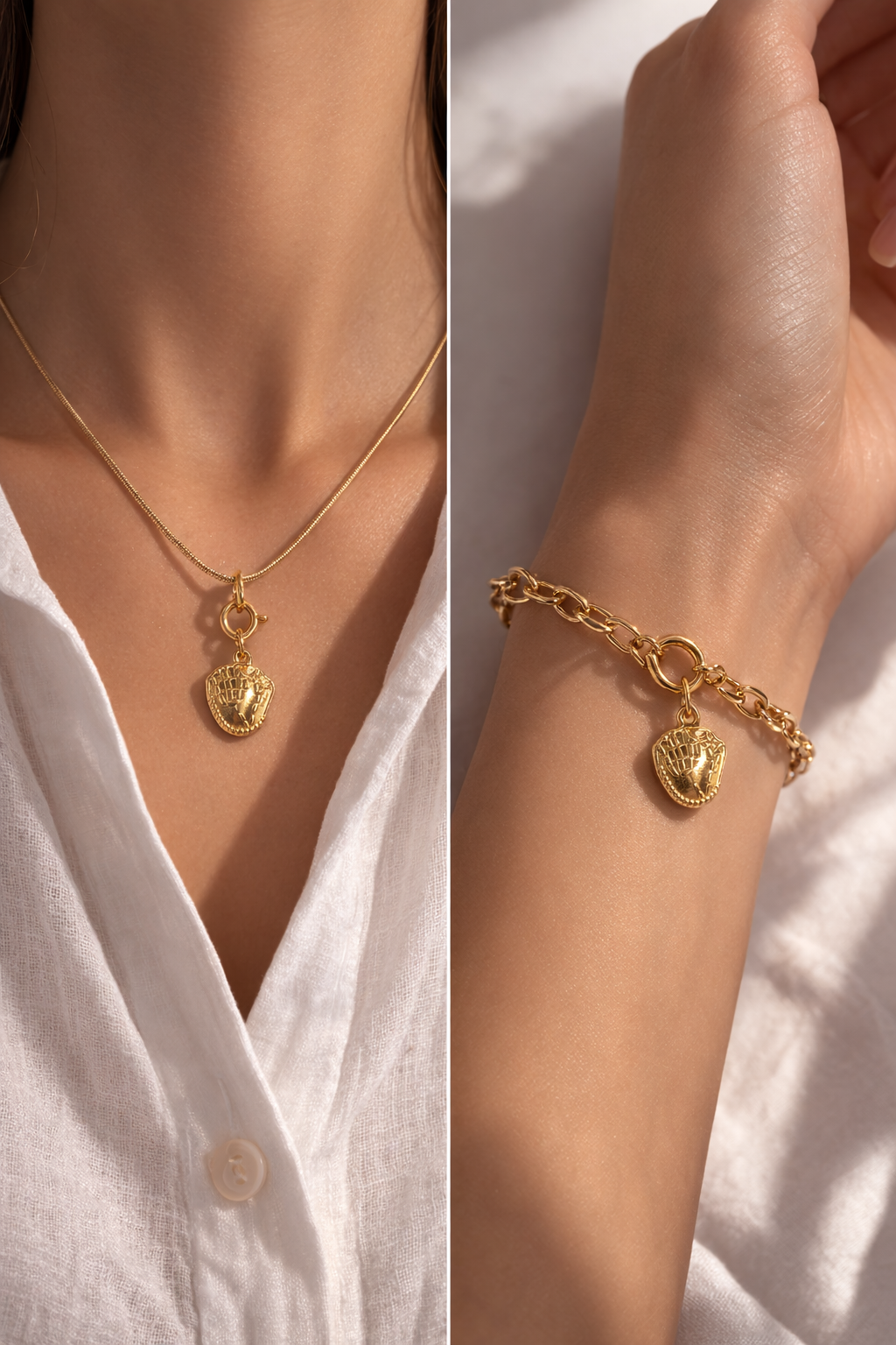 Gold necklace and bracelet with heart-shaped pendants on a white shirt and wrist.