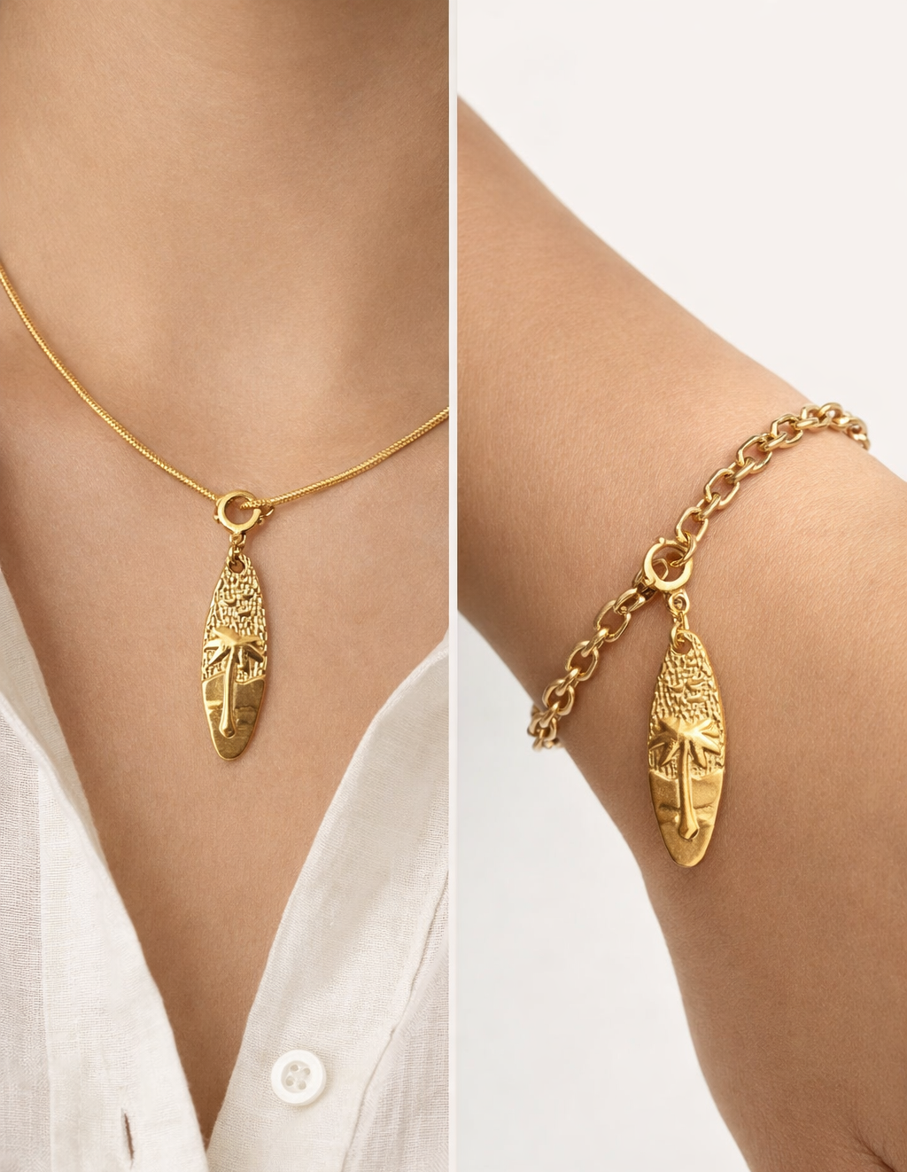 Gold necklace and bracelet with face-like designs worn by a person.