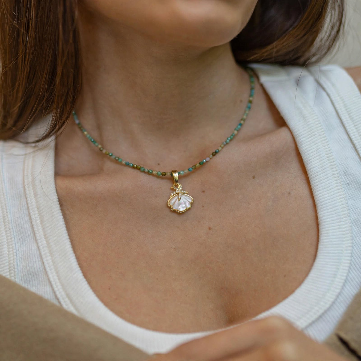 Beaded Zircon Green Seashell & Starfish Necklace - Foramour Jewels - Gold PVD designer jewellery & charms