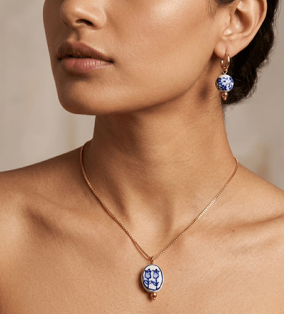 Blue Porcelain Bead Necklace Set - Foramour Jewels - 18K Gold Plated - Sweat, water proof
