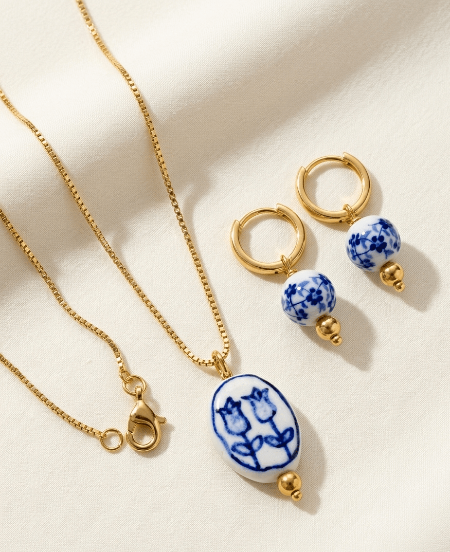 Blue Porcelain Bead Necklace Set - Foramour Jewels - 18K Gold Plated - Sweat, water proof