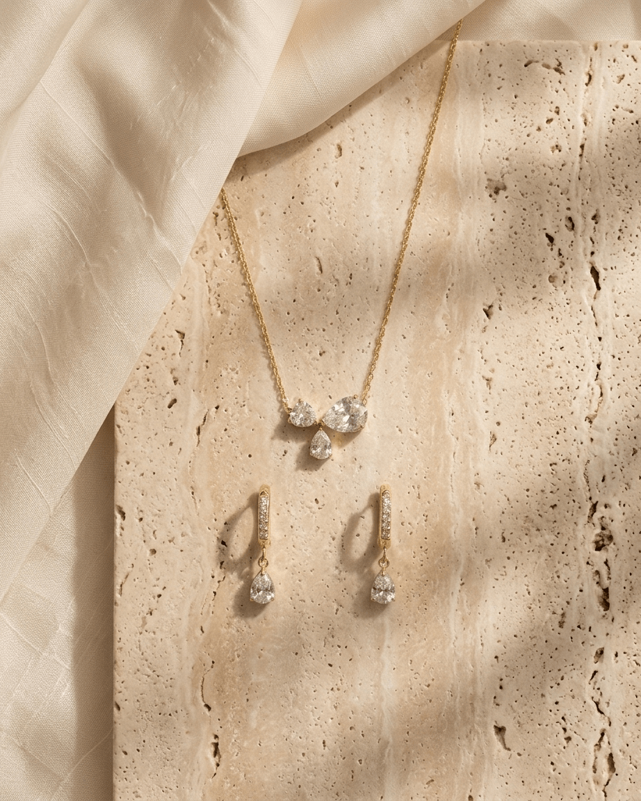 Bow & Tear Drop Huggies - Necklace and Earrings set - Foramour Jewels - 18K Gold Plated - Sweat, water proof