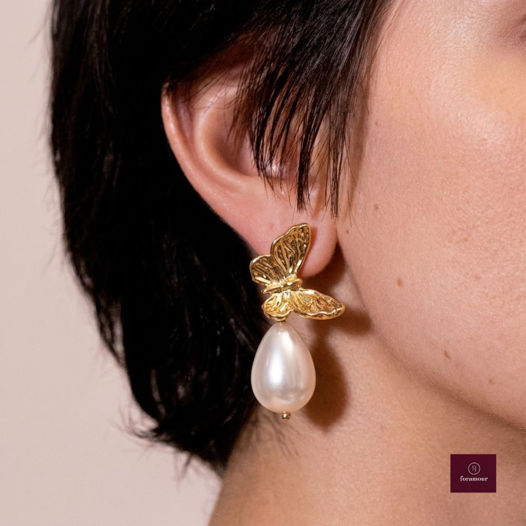 Butterfly Pearl Drop Earrings - Foramour Jewels - 18K Gold Plated - Sweat, water proof