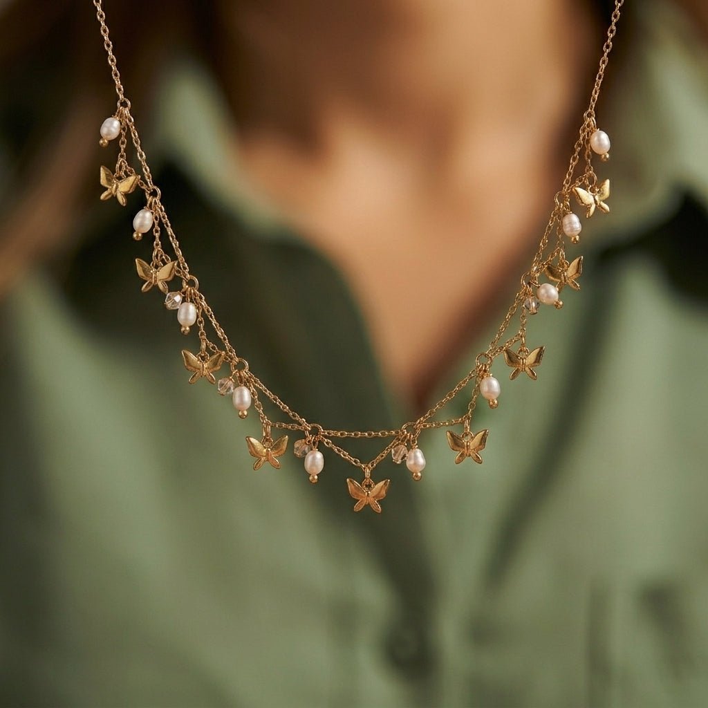Butterfly Pearl Drop Necklace - Foramour Jewels - 18K Gold Plated - Sweat, water proof