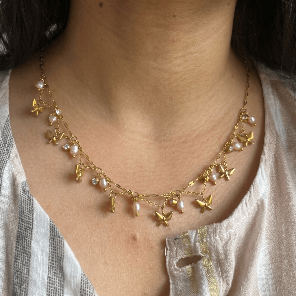 Butterfly Pearl Drop Necklace - Foramour Jewels - 18K Gold Plated - Sweat, water proof