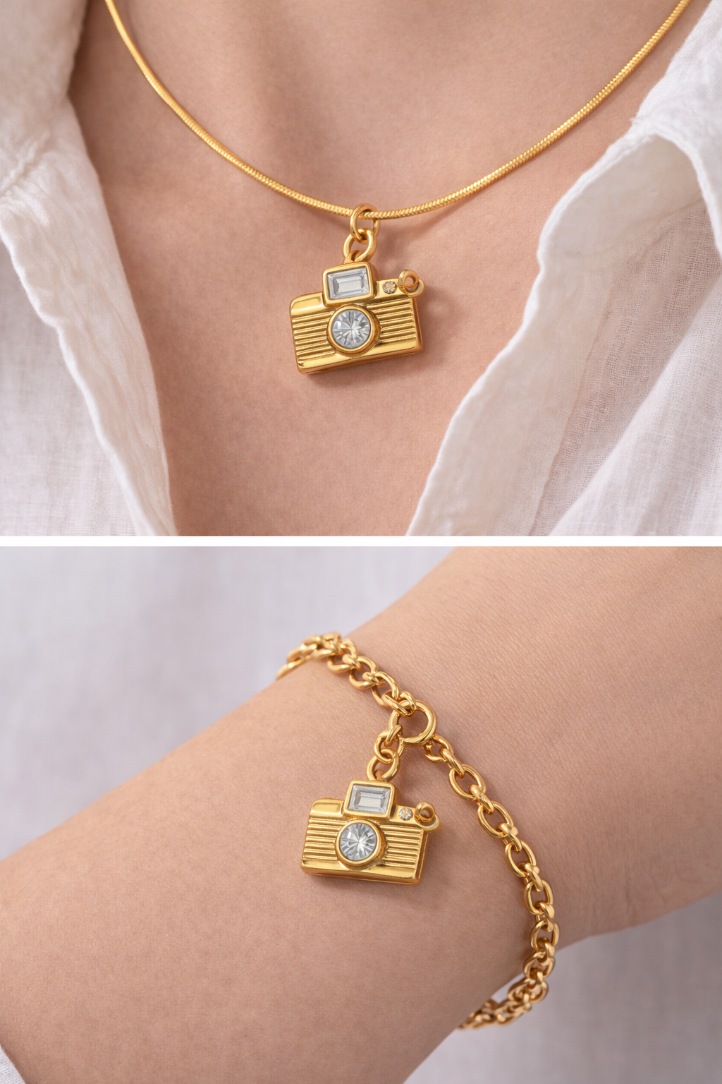 Gold camera-shaped pendant on a necklace and bracelet against a neutral background