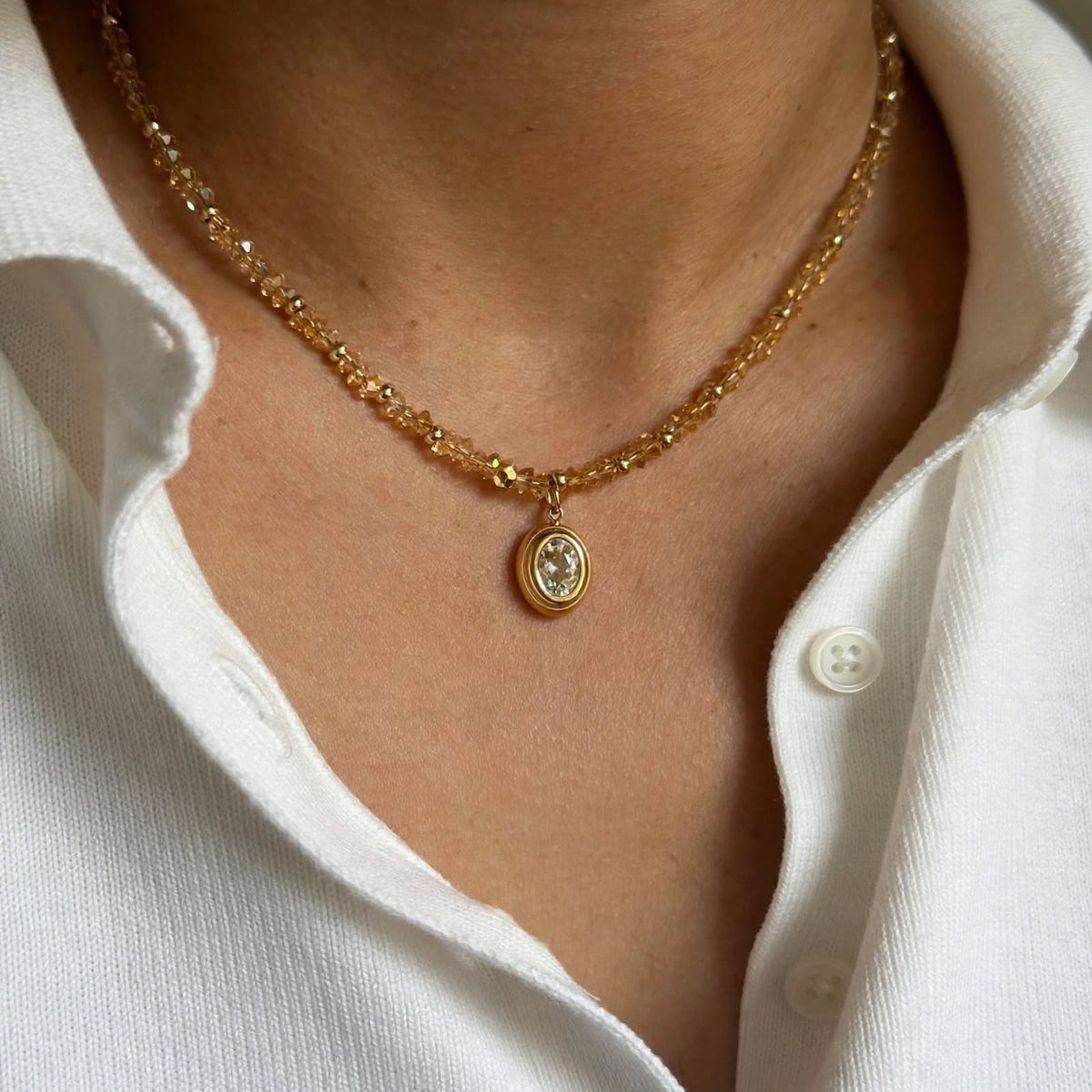 Champagne Crystal & Oval CZ Bezel Pendant Necklace - Foramour Jewels - 18K Gold Plated - Sweat, water proof