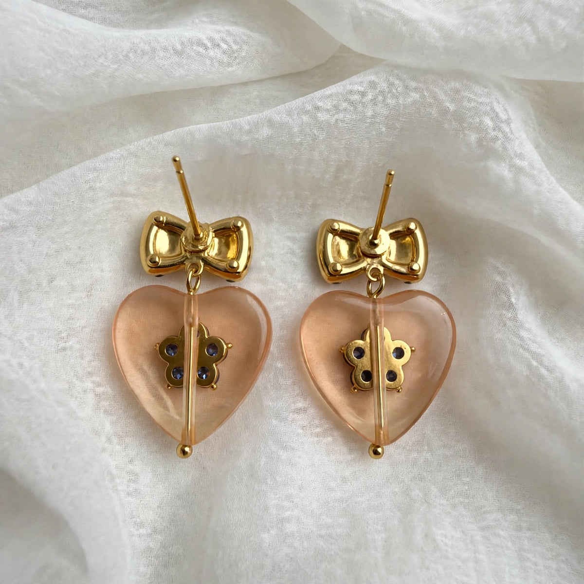 Champagne Heart Flower Drop Earrings - Foramour Jewels - 18K Gold Plated - Sweat, water proof