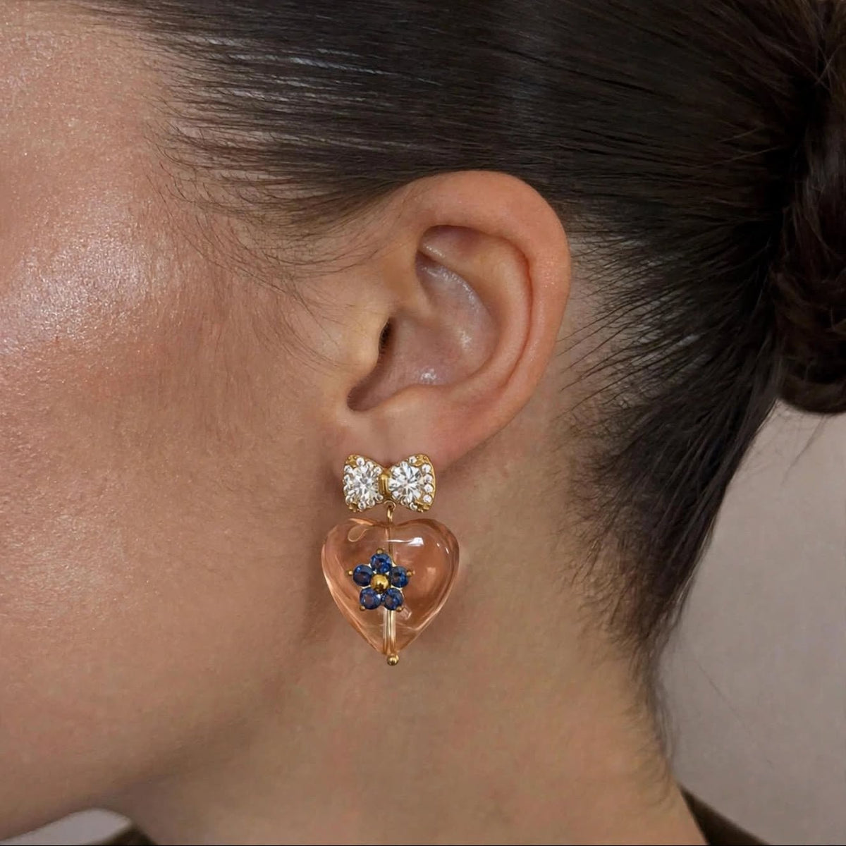 Champagne Heart Flower Drop Earrings - Foramour Jewels - 18K Gold Plated - Sweat, water proof