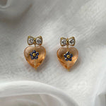 Champagne Heart Flower Drop Earrings - Foramour Jewels - 18K Gold Plated - Sweat, water proof