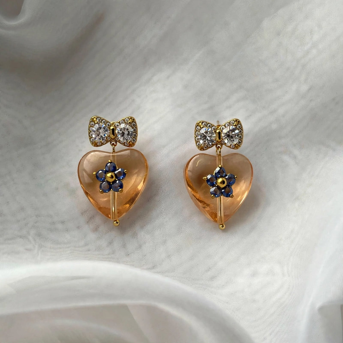 Champagne Heart Flower Drop Earrings - Foramour Jewels - 18K Gold Plated - Sweat, water proof