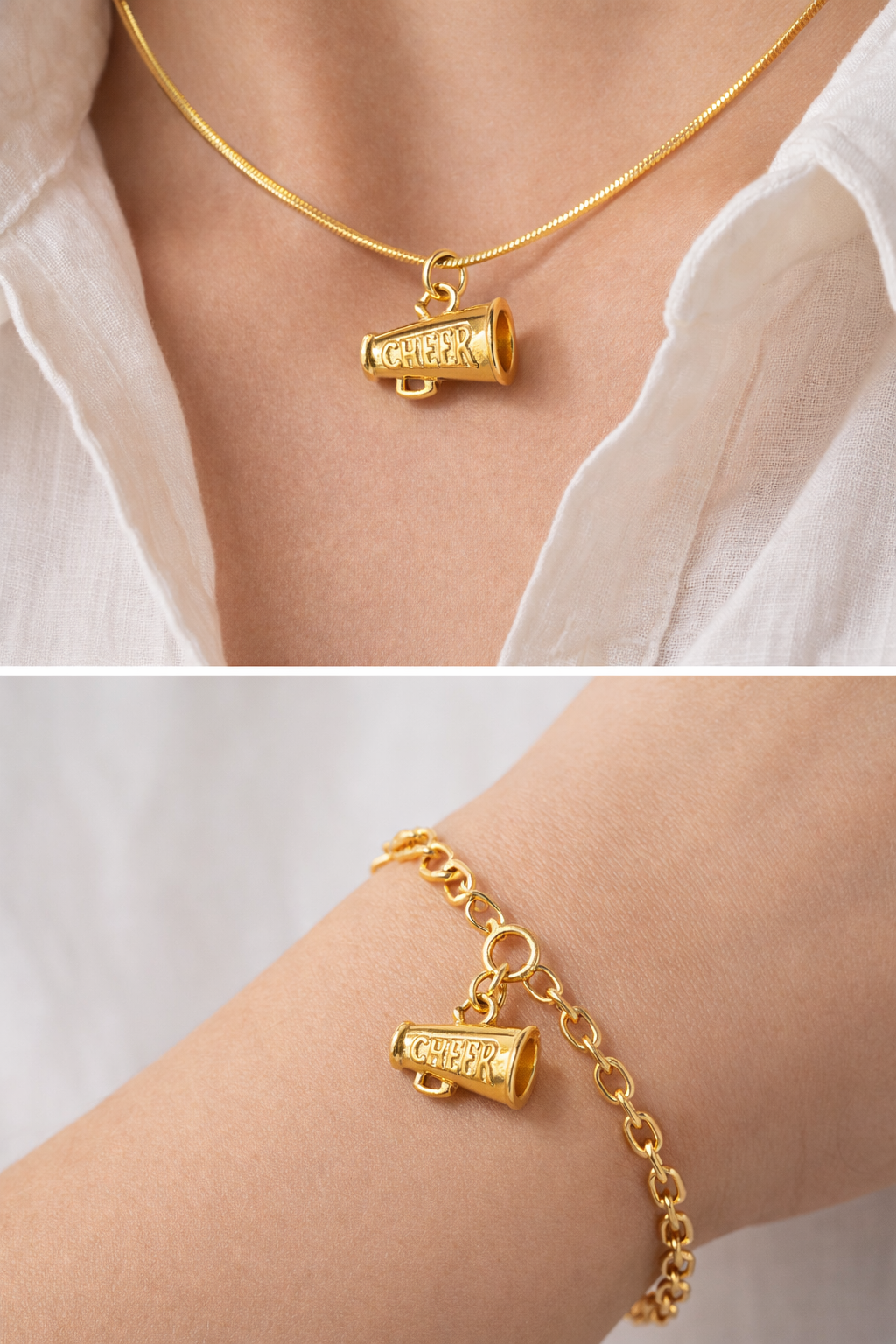 Cheers/ megaphone charm Gold necklace and bracelet with a unique clasp design on a person wearing a white shirt.