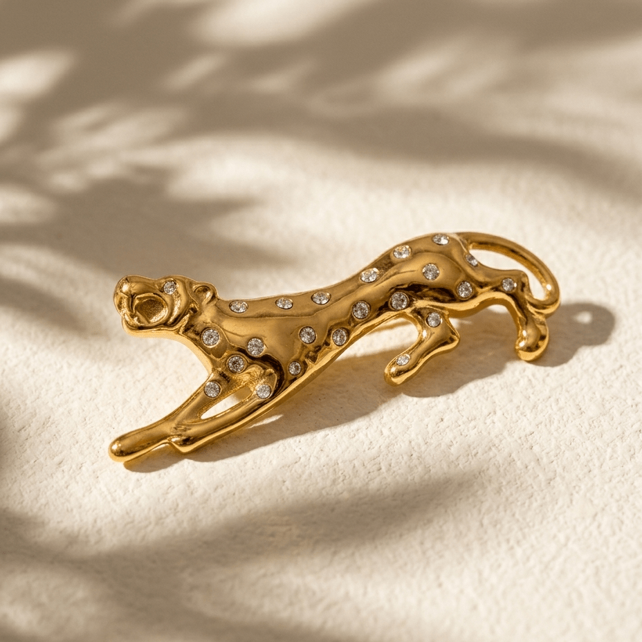 Cheetah Brooch | Crystal Spotted Wild Cat - Foramour Jewels - 18K Gold Plated - Sweat, water proof